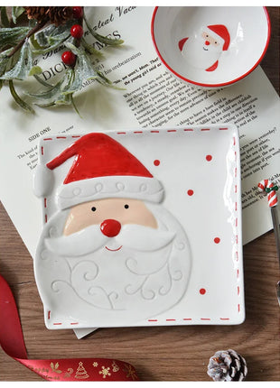 Set di stoviglie natalizie in ceramica dipinta a mano Simpatico piatto da bistecca natalizio Piatto piatto sottosmalto in rilievo - riparo82