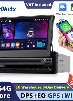 Hikity Carplay 4+64G Android 1Din Car Multimedia Player Retractable Screen GPS Navigation WIFI Bluetooth 1din autoradio No DVD - Riparo82