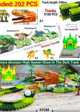 I giocattoli del treno dei dinosauri creano un set da gioco flessibile da corsa su strada del mondo dei dinosauri, auto da corsa dei giocattoli dei dinosauri per le ragazze dei vecchi