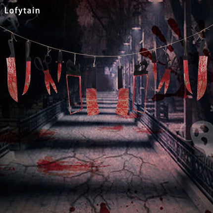 Lofytain 12pcs/lot Halloween Plastic Blood Knife Tools Sets Horror Spooky Haunted House Hanging Knife Garland Banner