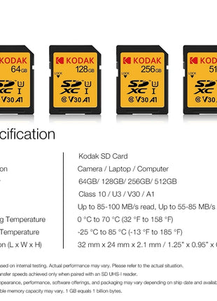 Schede SD KODAK per fotocamera 100 MB/s scheda di memoria ad alta velocità 256GB 128GB 64GB SDXC C10 A1 U3 V30 UHS-I sdcard per 4K HD SLR DV