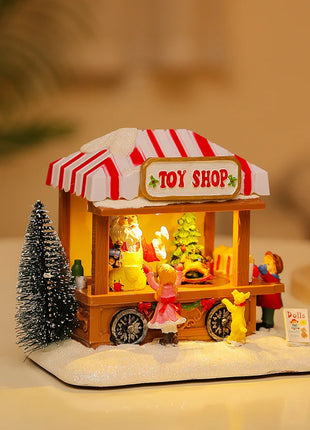 Scena natalizia a LED Villaggio Casa Ornamenti Decorazioni Edificio per feste Ufficio Desktop Decorazione natalizia Musica Casa di popcorn