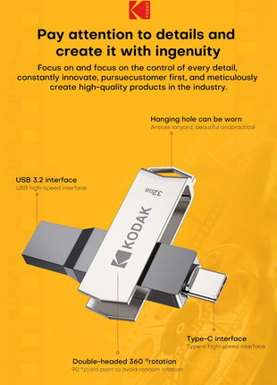 KODAK USB3.2 tipo C Flash Drive 256GB 128GB 32GB Pendrive Dual Memory Stick ad alta velocità per Smartphone Laptop