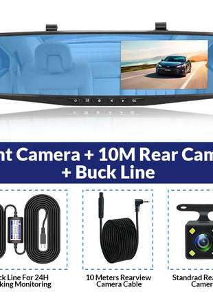 Dash Cam 4.3 inch "mini rear-view mirror digital dashcam, front and rear dual cameras IPS Front and Rear Camera Registrar Black - Riparo82