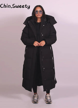 Cappotto lungo in cotone con cappuccio trapuntato imbottito da donna caldo Colletto alla coreana solido allentato Cappotti con cerniera con lacci 2025 Capispalla invernale da donna