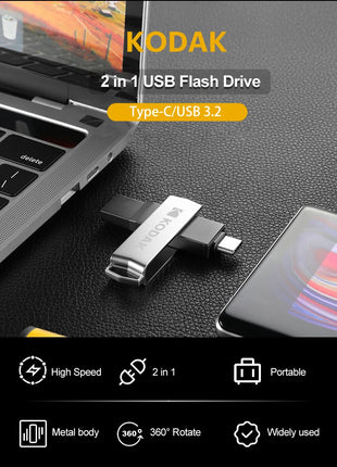 Kodak Type C Pendrive USB 3.2 Chiavetta USB in metallo 128 GB 64 GB 32 GB 256 GB HDD 2 in 1 U-disk per chiavi Smartphone Laptop Desktop