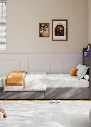 Letto singolo per bambini Superaly 90x200cm, letto imbottito con cassetti, LED e porte di ricarica, testiera con base a doghe