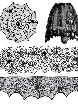 Halloween Decoration Black Spider Web Tablecloth Lace Table Runner Fireplace Cover Halloween Party Home Decor Haunted House Prop - Riparo82