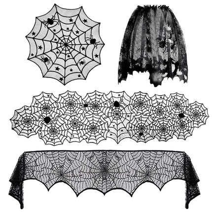 Halloween Decoration Black Spider Web Tablecloth Lace Table Runner Fireplace Cover Halloween Party Home Decor Haunted House Prop