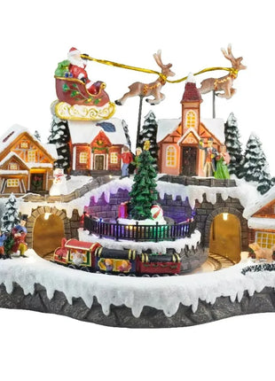 Fornitore di decorazioni natalizie Casa del villaggio musicale a LED Albero di Natale che gira il treno sportivo Statua di Natale