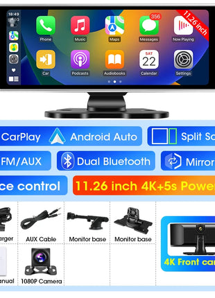 11.26 inch Dash Cam 4K Car DVR Wireless Carplay & Android Auto GPS Navigation Video Recorder Dashboard Dual Lens Wifi FM AUX - Riparo82