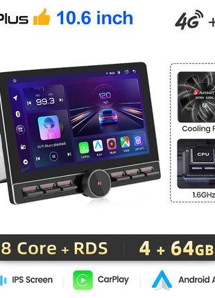 Junsun 10.6 Inch Universal Rotatable 1DIN 2DIN Car Radio Wireless CarPlay Android Auto Touch Screen Multimedia GPS autoradio - Riparo82