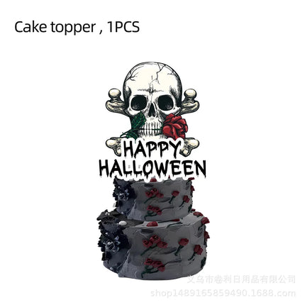 Halloween Theme Disposable Tableware Paper Plates Cups Straws Tablecloth Banner Spiral Cake Topper Happy Halloween Party Decor