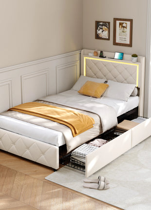 Letto singolo per bambini Superaly 90x200cm, letto imbottito con cassetti, LED e porte di ricarica, testiera con base a doghe