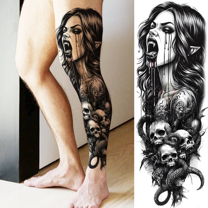 1 Sheet Full Arm Evil Witch Vampire Temporary Tattoos Sleeve Halloween Scary Skull Tatoo Waterproof Horrible Fake Tattoo Sticker