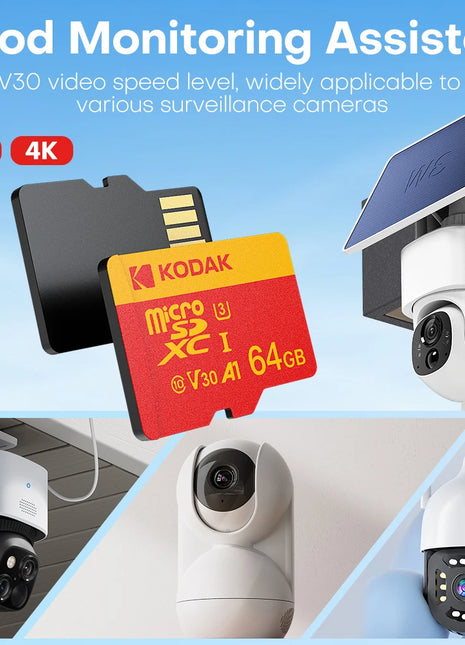 Scheda Micro SD Kodak V30 U3 C10 Scheda di memoria Flash da 32 GB 64 GB 128 GB 256 GB, velocità di lettura 100 MB/s, con adattatore, per fotocamera e telefono