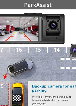 3 Channel Dash Cam for Cars Camera HD 1080P 3-Lens Vehicle Video Recorder Black Box Dual Lens Inside Car DVR Rear View Camera - Riparo82