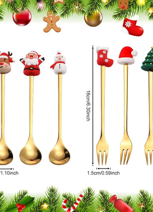 Cucchiaini da caffè e forchette per torte con decorazioni natalizie da 4 pezzi con ornamenti per bambole di Natale, set di posate in metallo dorato, forniture per feste - riparo82