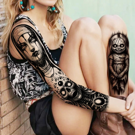 1 Sheet Full Arm Evil Witch Vampire Temporary Tattoos Sleeve Halloween Scary Skull Tatoo Waterproof Horrible Fake Tattoo Sticker