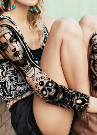 1 Sheet Full Arm Evil Witch Vampire Temporary Tattoos Sleeve Halloween Scary Skull Tatoo Waterproof Horrible Fake Tattoo Sticker - Riparo82