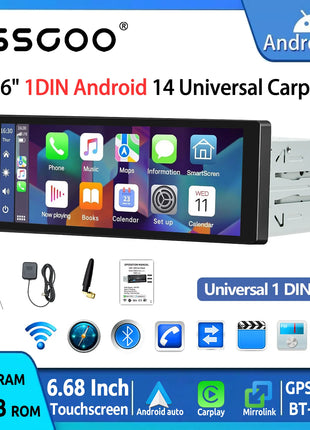 ESSGOO Single 1DIN 6.86" Android 14 4+64G Universal Car Stereo Radio CarPlay Android Auto Bluetooth USB Type-C Wifi FM GPS Navi - Riparo82