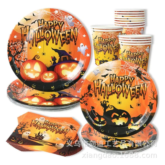 Halloween Theme Party Tableware Set Pumpkin Witch Ghost Dinnerware Paper Plates Cups Napkin Happy Halloween Party Supplies Decor