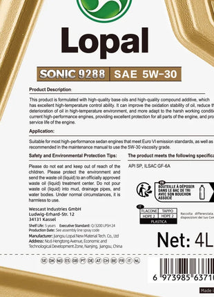 Lopal SONIC 9288 5W-30 SP GF-6A 4L * 1 Bottiglia Olio Motore Auto 4L Lubrificante Olio Motore Sintetico Completo per Auto Protezione Avanzata