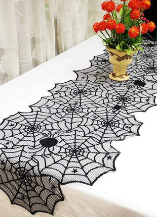 Halloween Decoration Black Spider Web Tablecloth Lace Table Runner Fireplace Cover Halloween Party Home Decor Haunted House Prop - Riparo82