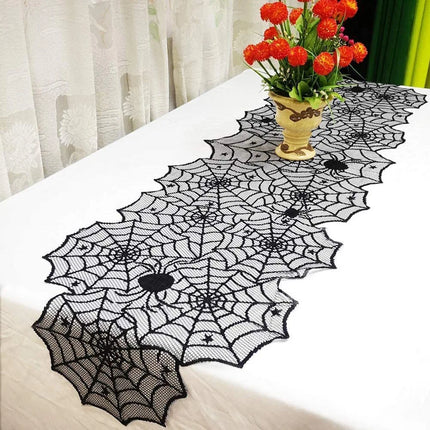 Halloween Decoration Black Spider Web Tablecloth Lace Table Runner Fireplace Cover Halloween Party Home Decor Haunted House Prop