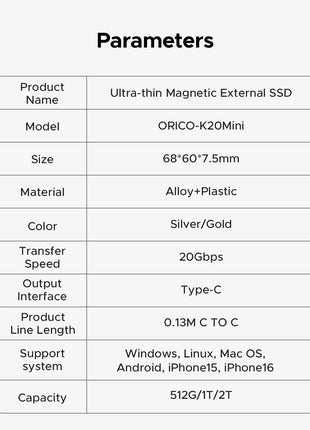 ORICO K20Mini SSD esterno magnetico per iPhone 17 16 Pro/Max ProRes 2000 MB/s 4K ProRes HDR Registra e memorizza Stato solido portatile
