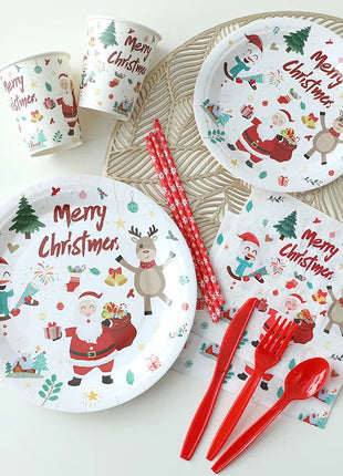 Set di stoviglie per feste di Natale da 10 pezzi Piatti e tazze di carta di Babbo Natale Bandiere natalizie appese Tovaglia Stoviglie natalizie - riparo82