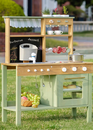 ROBUD Fango Cucina da esterno in legno massello Cucina da gioco con griglia per barbecue Rubinetto per lavello rimovibile Giocattoli Monteeori per bambini dai 3 anni in su - riparo82