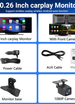 11.26 inch IPS Touch Screen Multimedia Video Player Portable 4K DVR Wireless CarPlay/Android Auto Dual Lens Driving Recorder - Riparo82