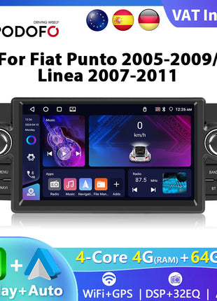 Podofo 7" Car Radio Wireless CarPlay Android Radio For FIAT Punto 2005-20009/Linea 2007-2011 Multimedia GPS FM WIFI BT Autoradio - Riparo82
