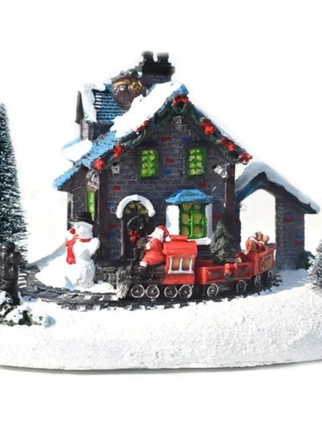 Ornamenti natalizi per la casa luminosa in resina Figurina per la casa delle nevi illuminata a LED Ornamento per la casa del treno di Natale