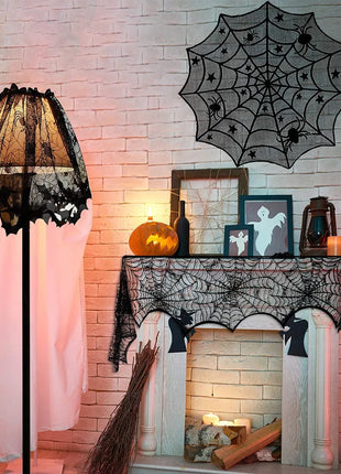 Halloween Decoration Black Spider Web Tablecloth Lace Table Runner Fireplace Cover Halloween Party Home Decor Haunted House Prop - Riparo82