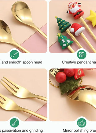 Cucchiaini da caffè e forchette per torte con decorazioni natalizie da 4 pezzi con ornamenti per bambole di Natale, set di posate in metallo dorato, forniture per feste - riparo82