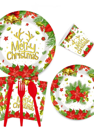 Set di stoviglie natalizie con campana a forma di fiore da 10 pezzi, stoviglie usa e getta, bicchieri di carta e piatti di carta, stoviglie per feste di Natale all'ingrosso - riparo82