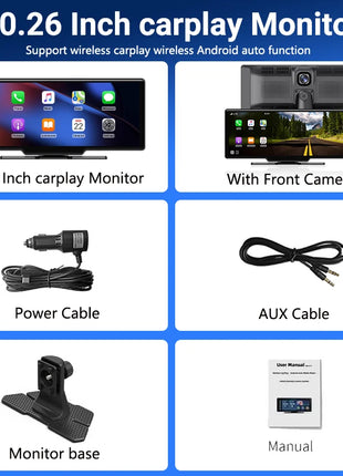 11.26 inch IPS Touch Screen Multimedia Video Player Portable 4K DVR Wireless CarPlay/Android Auto Dual Lens Driving Recorder - Riparo82