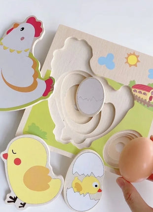 Puzzle 3D in legno Pulcino che cresce le galline che ponde le uova Processo Puzzle Apprendimento Educazione Giocattoli Montessori - riparo82