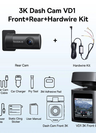 Baseus 3K Dash Cam VD1 Front and Rear Cam HD Built-in GPS Galileo Supercapacitor Car DVR Car Camera Recorder Support 24H Parking - Riparo82