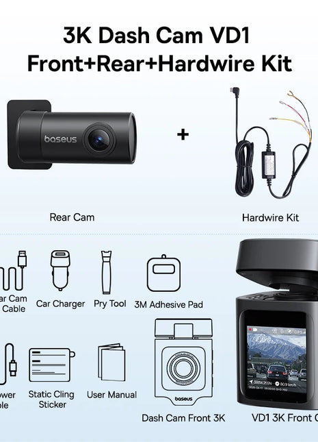 Baseus 3K Dash Cam VD1 Front and Rear Cam HD Built-in GPS Galileo Supercapacitor Car DVR Car Camera Recorder Support 24H Parking - Riparo82