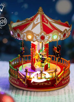 Giostra natalizia animata con luce musicale a LED Collezione di decorazioni per la tavola da interni Accessorio per villaggio per esposizione natalizia domestica