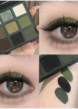 Smoked Eye Design With Olive Green And Pearl Sequins 9 Color Band Mirror Eye Shadow Palette Olive Green Eye Shadow Palette New - Riparo82