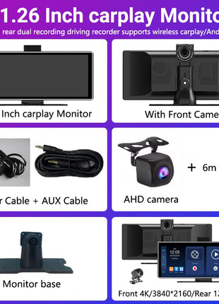 11.26 inch IPS Touch Screen Multimedia Video Player Portable 4K DVR Wireless CarPlay/Android Auto Dual Lens Driving Recorder - Riparo82