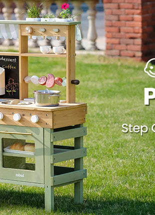 ROBUD Fango Cucina da esterno in legno massello Cucina da gioco con griglia per barbecue Rubinetto per lavello rimovibile Giocattoli Monteeori per bambini dai 3 anni in su - riparo82