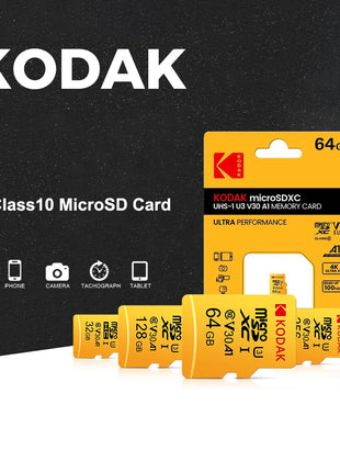 Scheda di memoria MicroSD originale KODAK C10 32GB 64GB Memori Class10 TF Micro SD SDXC 128GB 256GB 512GB A1 U3 V30 4K per fotocamera