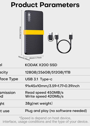 Unità a stato solido esterne Kodak Disco rigido 256 GB 512 GB 1 TB SSD portatile 450 MB/s Interfaccia 2 in 1 per telefono computer portatile