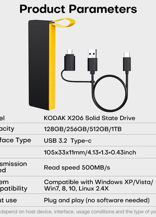 Kodak SSD esterno 2 TB 1 TB 512 GB 256 GB Disco rigido portatile 500 Mb/s USB 3.2 PSSD per MacBook, iPad iPhone 15