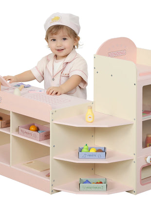 Aiyaplay Supermercato giocattolo in legno con distributore automatico registratore di cassa 3 ripiani aperti 4 scomparti Rosa - riparo82